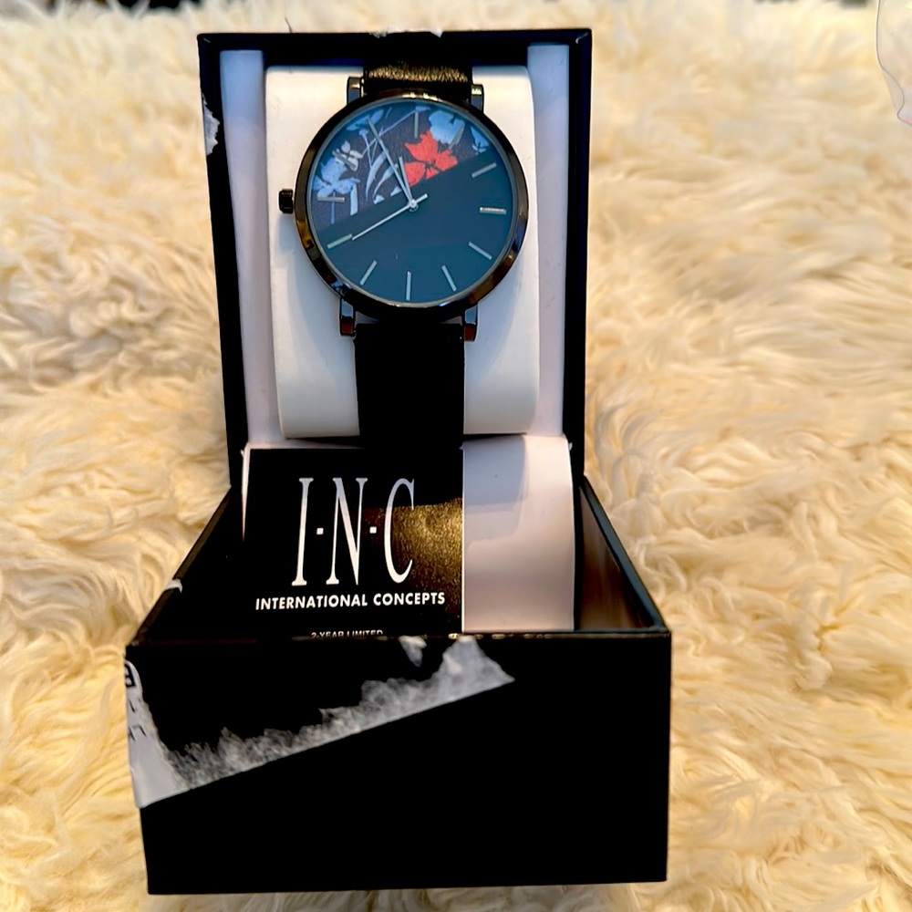 INC International Concepts Women’s Black Faux-Leather Strap Watch, 43mm